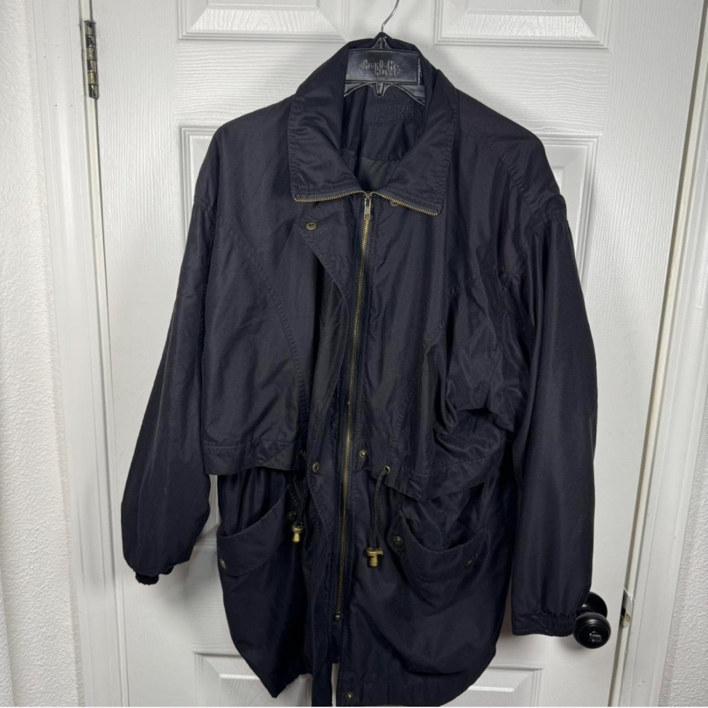 Black Adjustable Full‎ Zip Raincoat Windbreaker Jacket